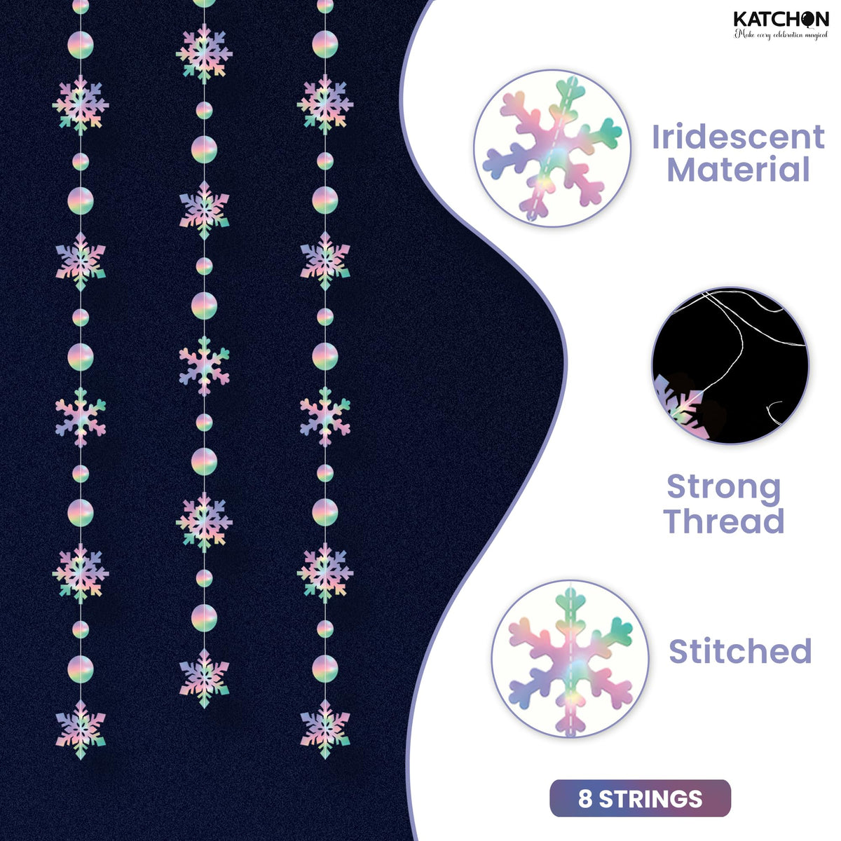 KatchOn, 6.5 FT Christmas Garland Decorations- 8 String, No DIY | Snowflake Garland | Hanging Christmas Decorations Indoor | Snowflakes Streamers for Iridescent Party Supplies, Winter Decor