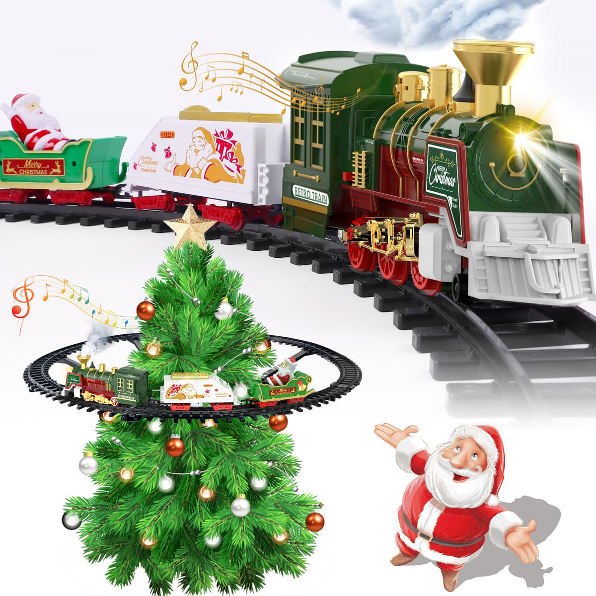 TERRAMUS Christmas Train Set - Hanging Train Toys with Smoke Light & Sound for Boys Girls,Train Set Around Under The Christmas Tree with Steam,Carriages Tracks for 3-12 Years Old Kids Decoration Gift