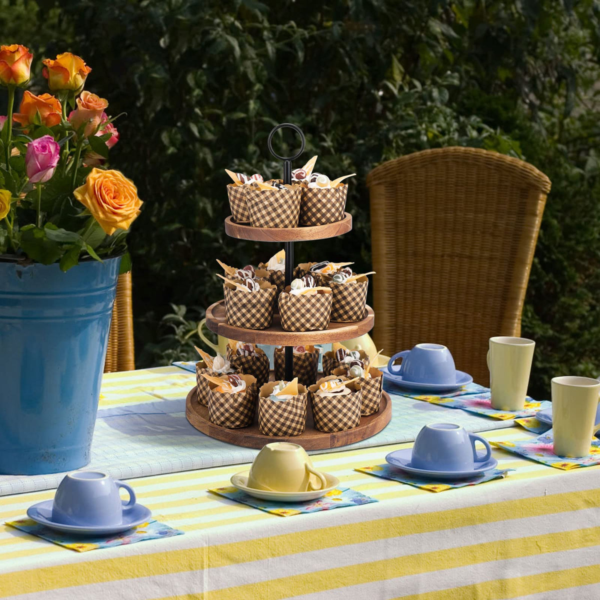 QIELSER 3 Tier Cupcake Stand, Wood Tiered Serving Tray Cupcake Tower, Serving Stand Display Dessert Cookie Candy Buffet Holder for Home Tea Party, Wedding, Farmhouse, Tea Party, Kitchen Decor