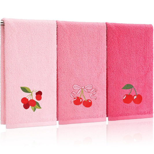 Tingjoo 3 Pcs Cherry Hand Towels 14x29 Inch Spring Summer Pink Preppy Bow Cherries Bathroom Decor Cotton Embroidered Soft Absorbent Towels for Bathroom Kitchen