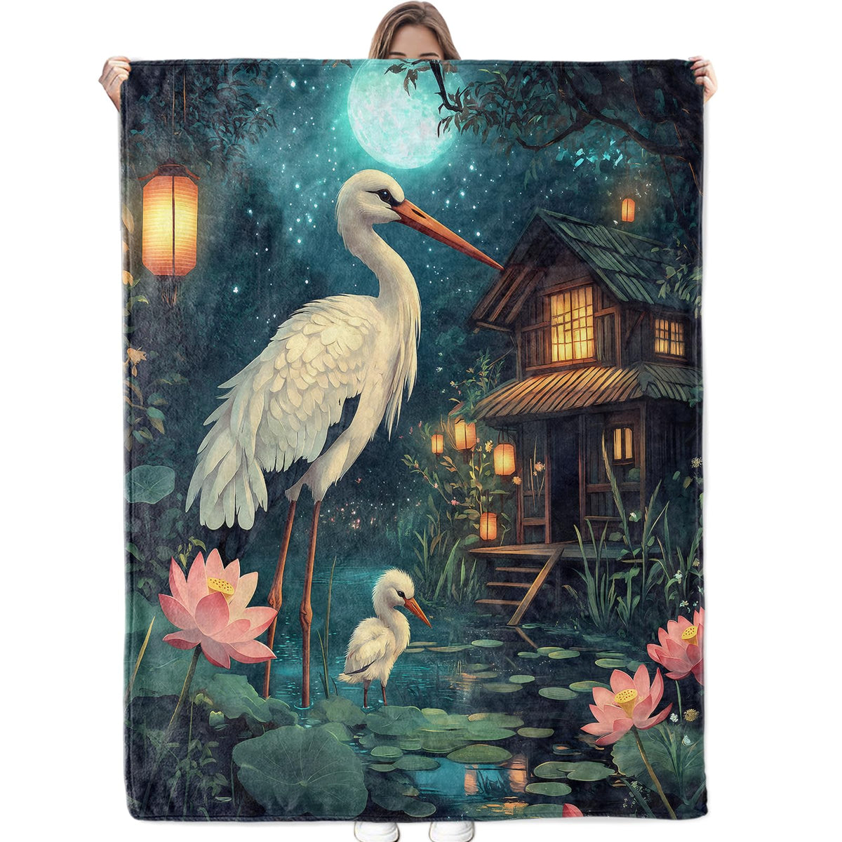 Bidesk Pretty Crane Blanket Soft Flannel Throw Blanket, Cozy & Warm Yet Lightweight Blankets for Travel, Couch, Bed, for Men Women Adults, Fuzzy Outdoor Comfort Wrap 60"×50"