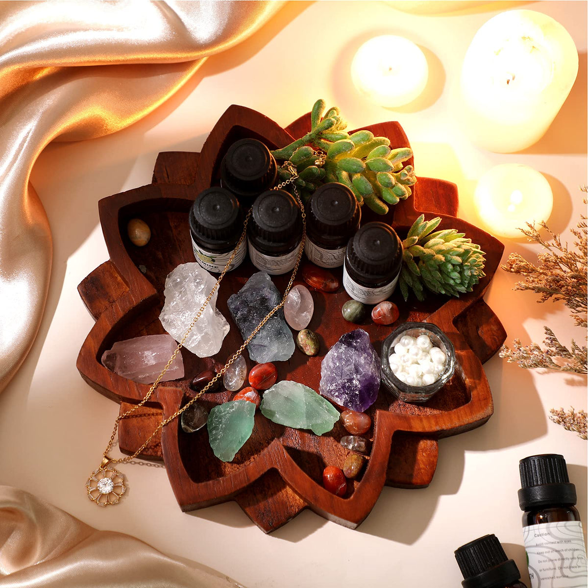 Lotus Crystal Tray for Healing Stones Wooden Crystal Holder Lotus Flower Mandala Stone Bowl Organizer Decorative for Gemstones Display Jewelry Storage Shelf Rock Decor, 7.9 x 7.9 Inch, Brown