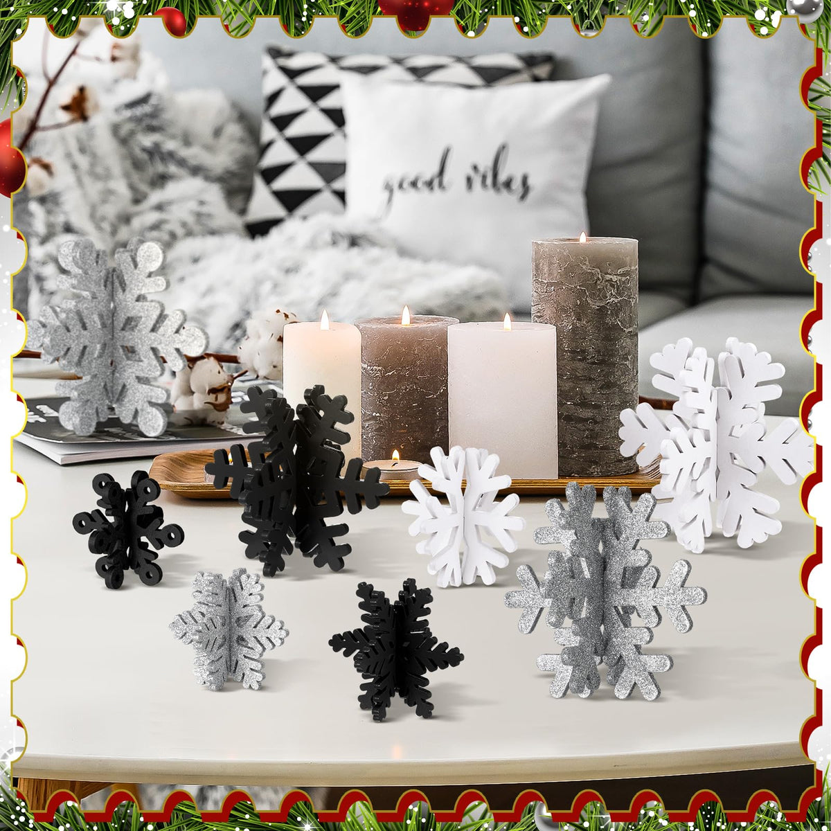 Wenqik 16 Pcs Winter Wooden Snowflake Decor Christmas Winter Snowflake Tabletop Decorations 3D Snow Table Signs Standing Centerpiece Xmas Tiered Tray Decorations for Party(White, Black, Silver)