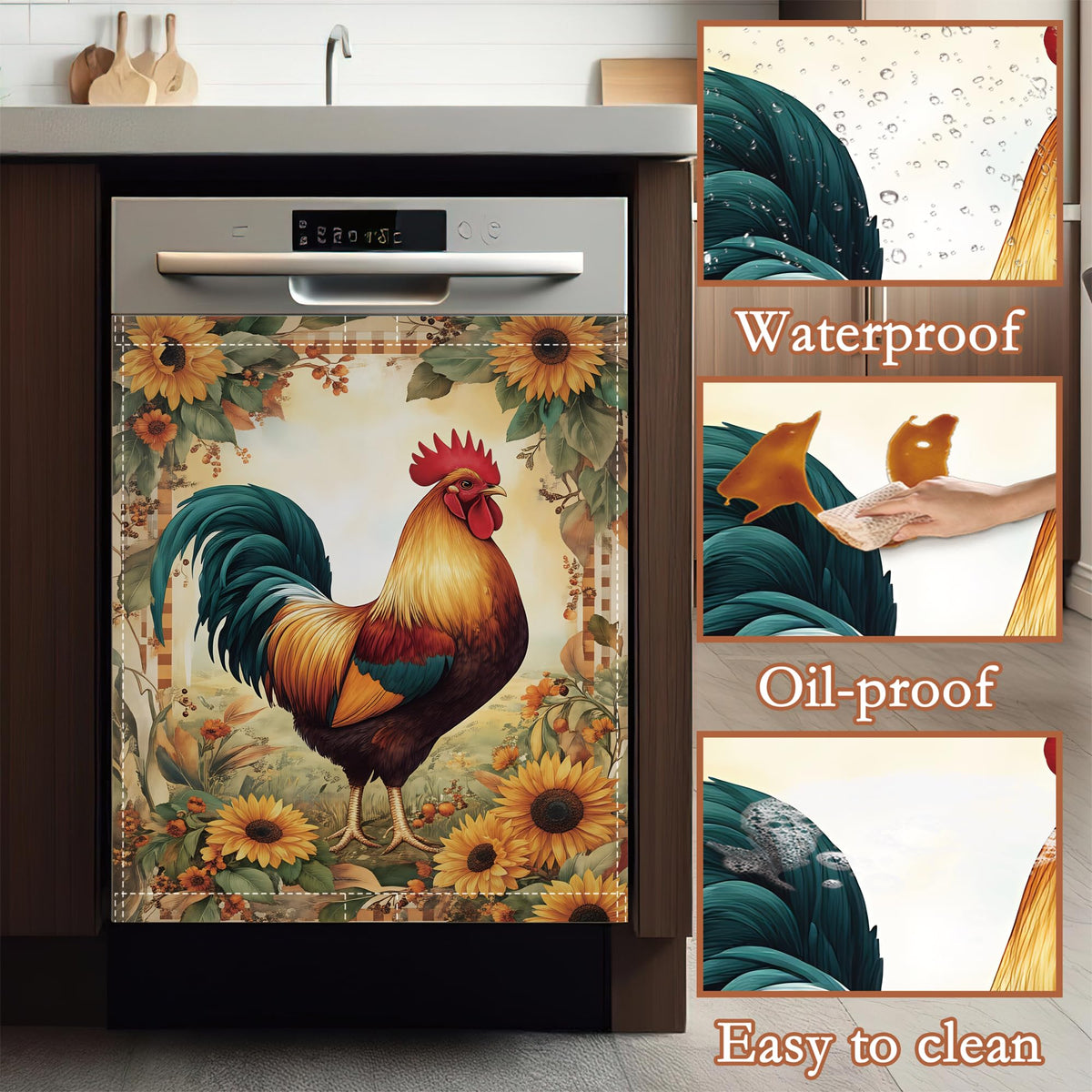 Rooster Sunflower Dishwasher Cover Panel Magnetic,Farmhouse Floral Dishwasher Magnet Decorative Cover for Refrigerator Kitchen Home Decor Reusable Waterproof 23x26 Inch