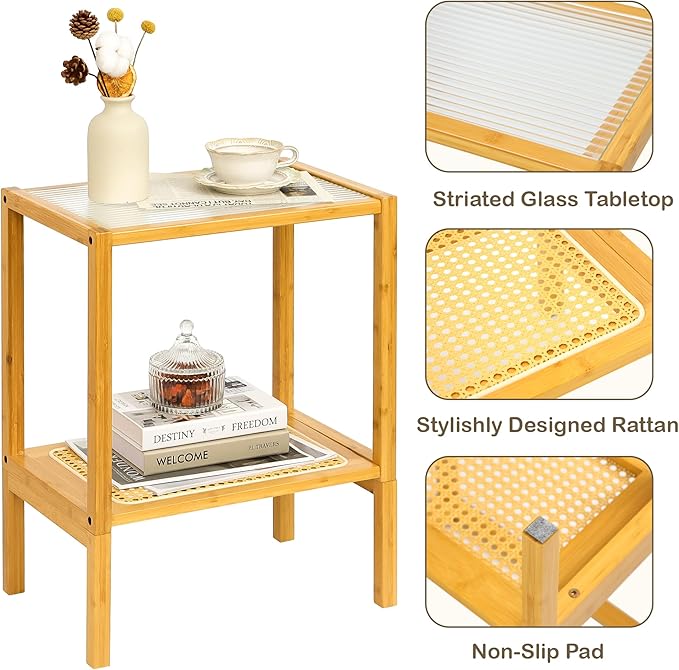 2-Tier Bamboo Side Table, Modern Glasstop Rattan Side Table, Mid Century Wood