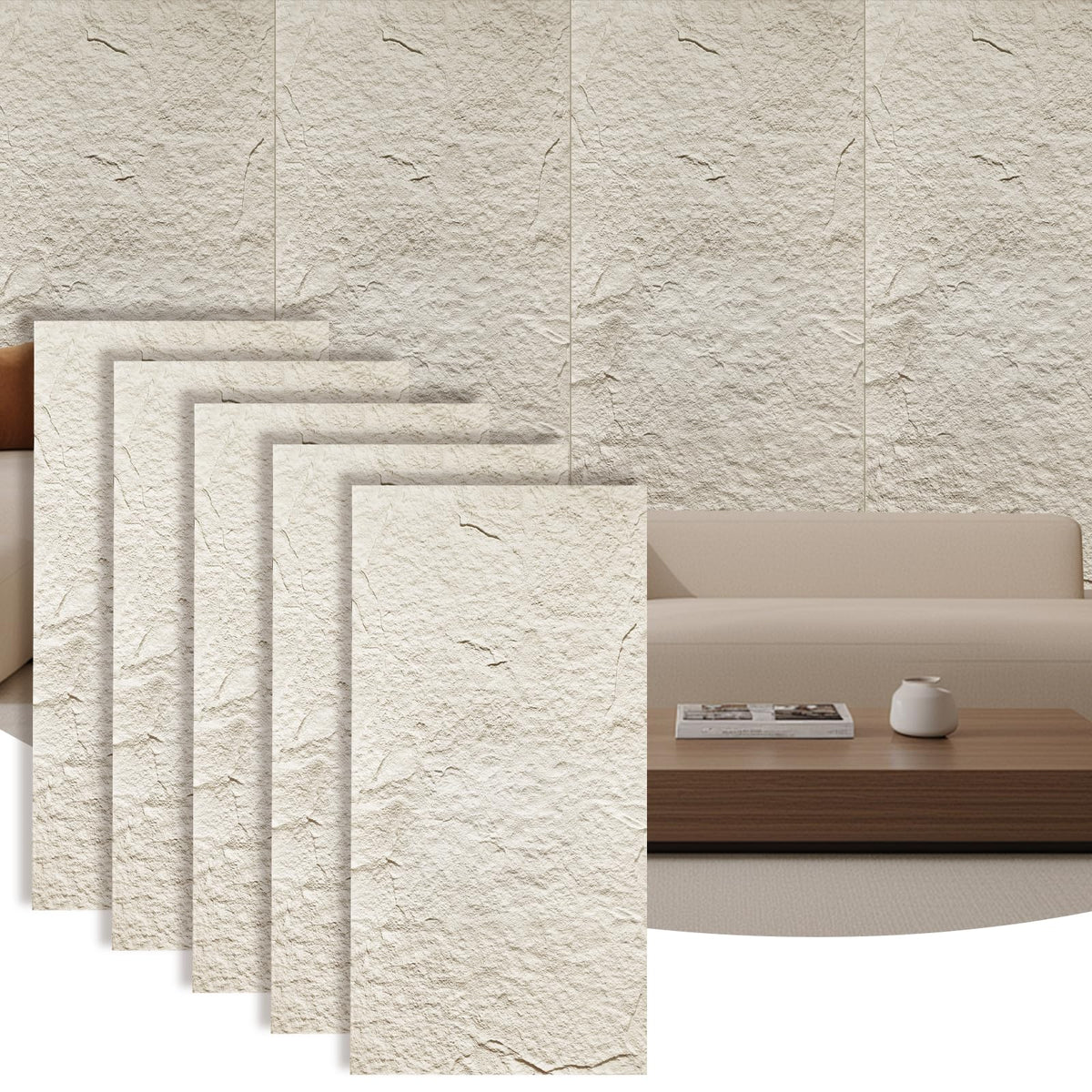 Artbrix 5-Pack 3D Faux Stone Wall Panels, PU Cement-Texture Wainscoting Panels for Interior Walls – Waterproof & Lightweight, Covers 38.7 Sq.Ft, 47.2" x 23.6", for TV Wall, Office, Living Room,White