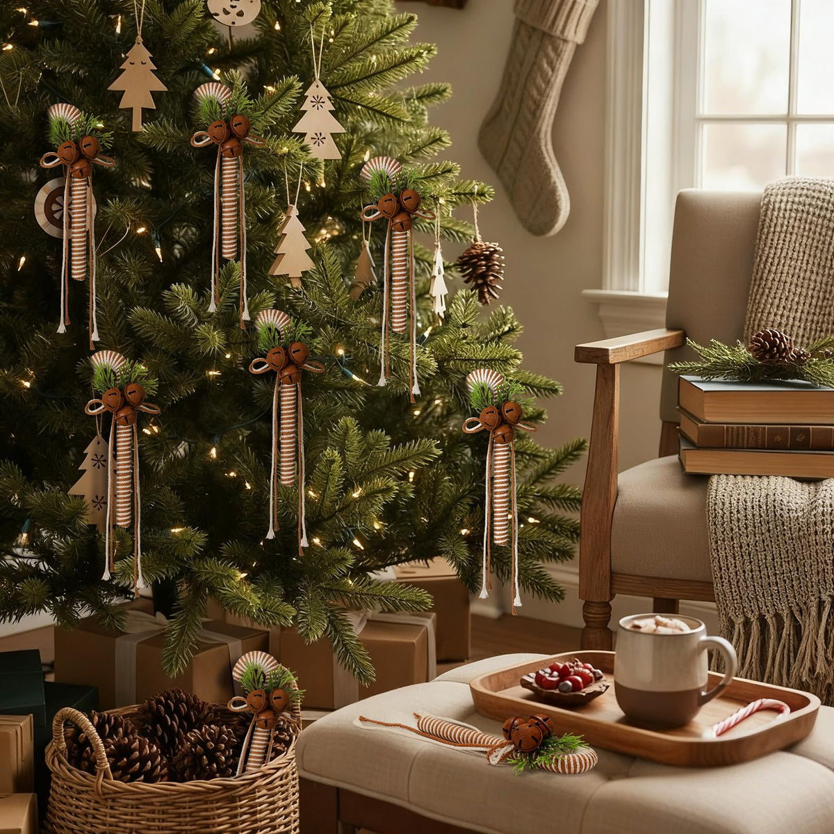 Simgoing 6 Pcs Beige Rustic Christmas Candy Cane Ornaments 7 Inch Burlap Wrapped Farmhouse Candy Cane Christmas Tree Hanging Decoration with Bells for Home Xmas Crafts Party Decoration