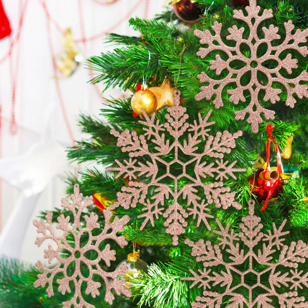 6pcs Large Snowflakes Ornaments Rose Gold 12” Big Plastic Glitter Snowflake for Winter Indoor Outdoor Christmas Tree Window Room Decorations Giant Craft Snowflakes