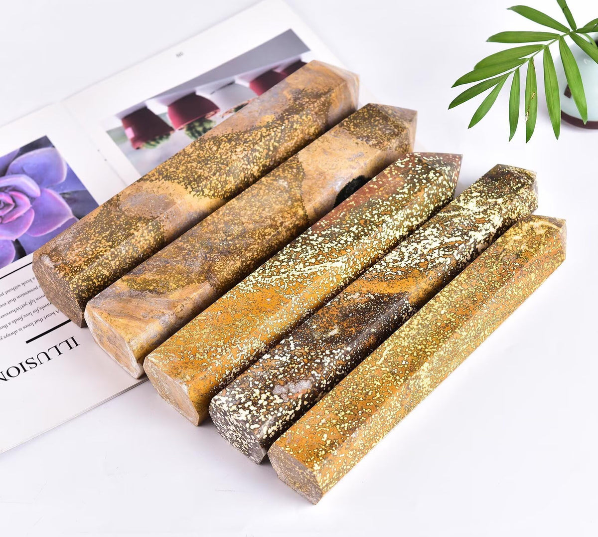 AMOYSTONE Large Yellow Ocean Jasper Stone Wand Healing Crystal Obelisk Tower 6 Faceted Column Reiki Chakra Meditation Therapy 3.5-4.0 LBS