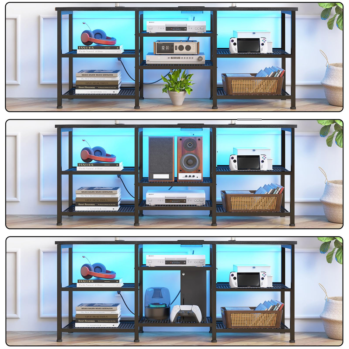 YGEOMER Entertainment Center for TVs Up to 50 Inch, Entertainment Stand with Power Outlet and LED Lights Open Storage Shelves, TV Console Table for Living Room and Bedroom, Black