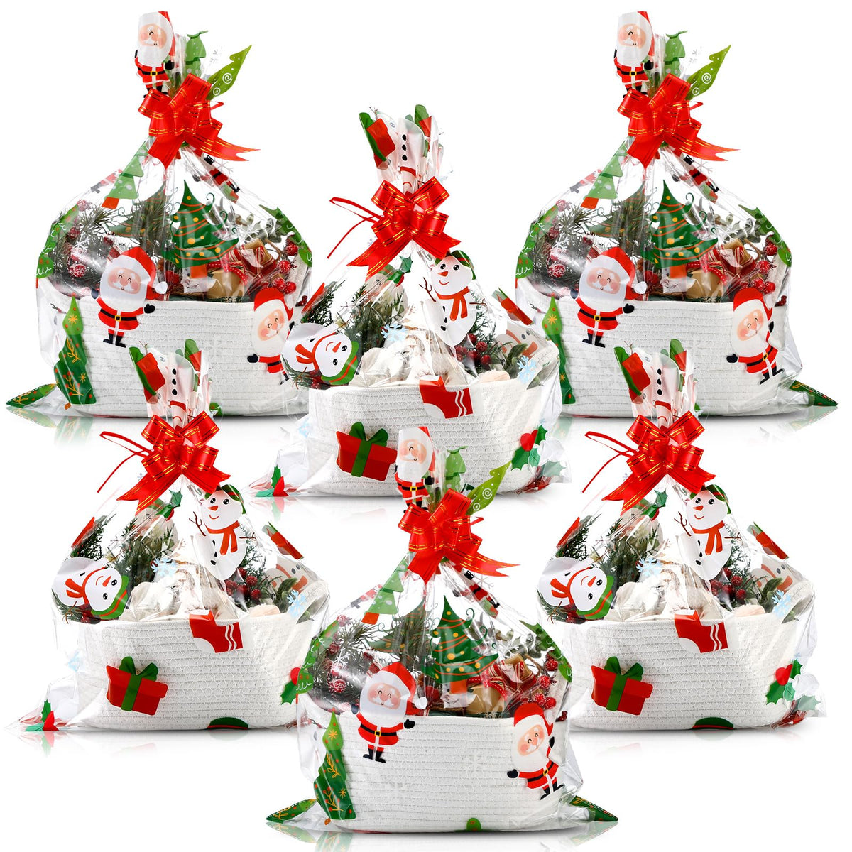 Teenyyou 18 Pcs Christmas Woven Baskets with Cellophane Gift Bags Bows 11 x 7 x 4 Inch Christmas Tree Empty Rope Basket Santa Claus Empty Decorative Storage Box for Gift Wrapping Xmas Party Decor