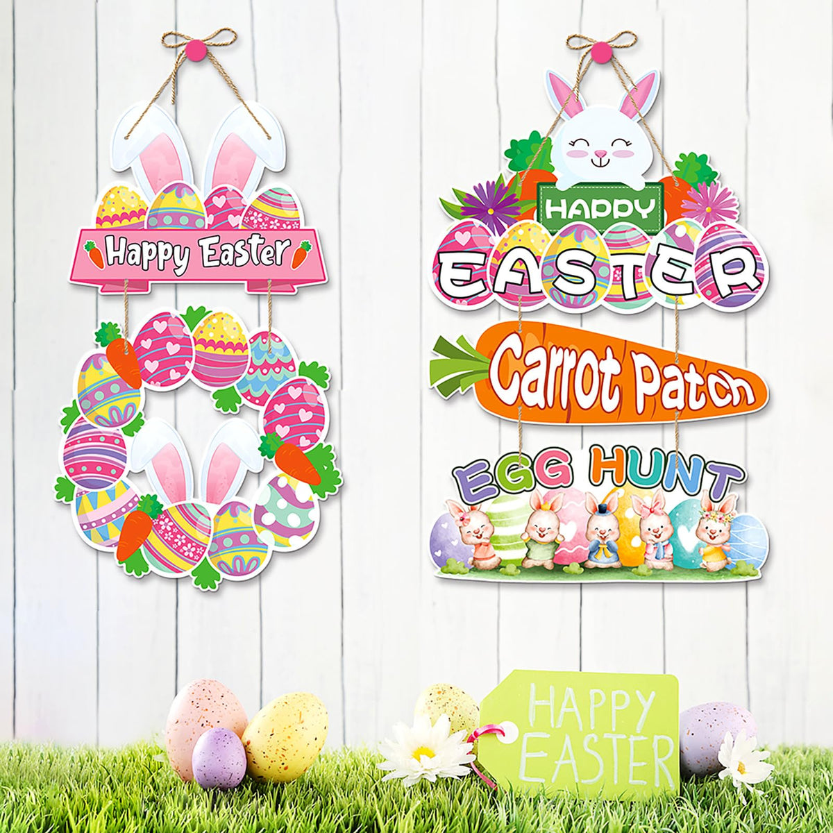 Easter Egg-Bunny Home Front-Door Hanger-Decor - 4pcs Pastel Rainbow Birthday Paper Signs Banners, Happy Easter Spring Wall Hanging Indoor Decorations Lasting Surprise