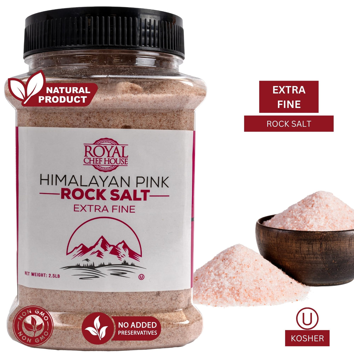 RoyalHouse, Himalayan Extra Fine Pink Salt - 2.5 lbs Extra Fine Bulk in Jar, Pure Gourmet Crystals, Natural - Contains 84 Minerals, Suitable for Body Bath Scrubs, Table Salt - Kosher
