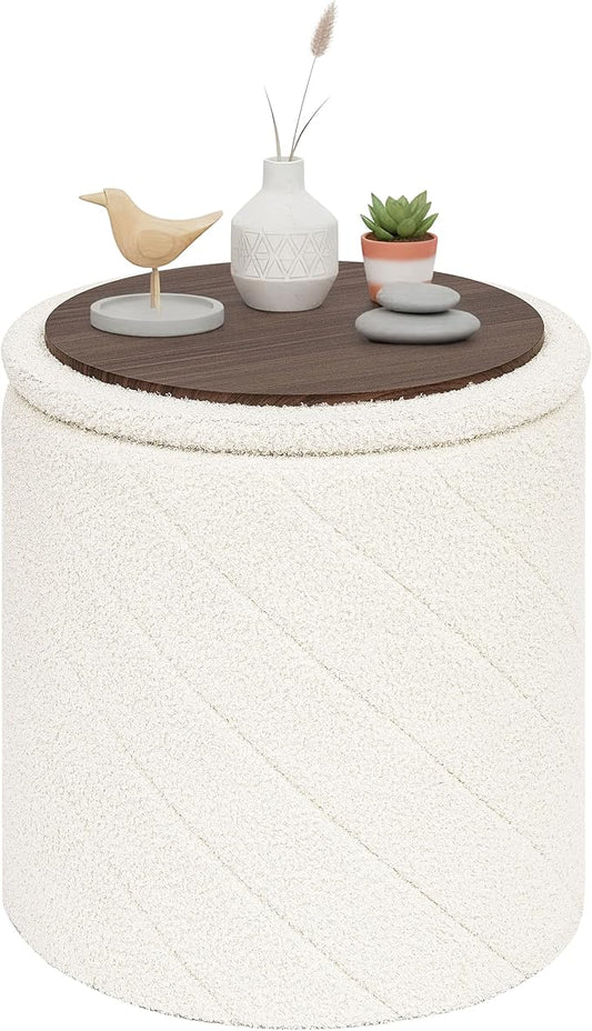 PINPLUS Ottoman with Stroage Round Boucle Ottoman and Tray Sherpa Removable