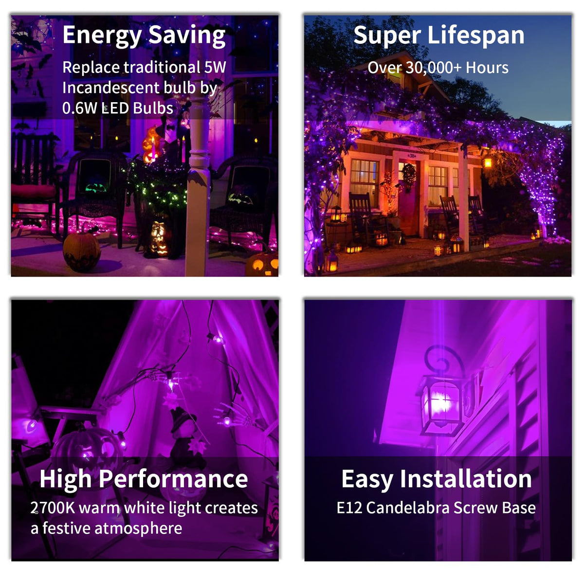 CHYParty 10 Pack C7 Replacement Bulbs, Dark Purple LED Halloween Light Bulbs for Outdoor String Lights, Patio, Christmas Decor, E12 Candelabra Base, Waterproof, Energy-Saving