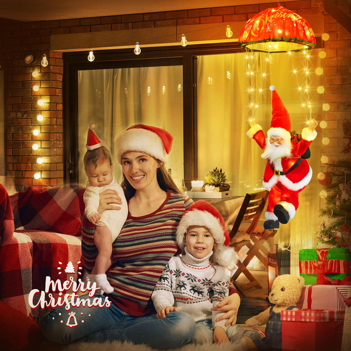 JNOEC Christmas Lights Outdoor Indoor, Santa Claus Parachute LED Lights, 8 Modes & Timer Christmas Decorations Lights Outside Inside for Window, Garden, Home, Porch, Xmas Tree Decor (Warm White)