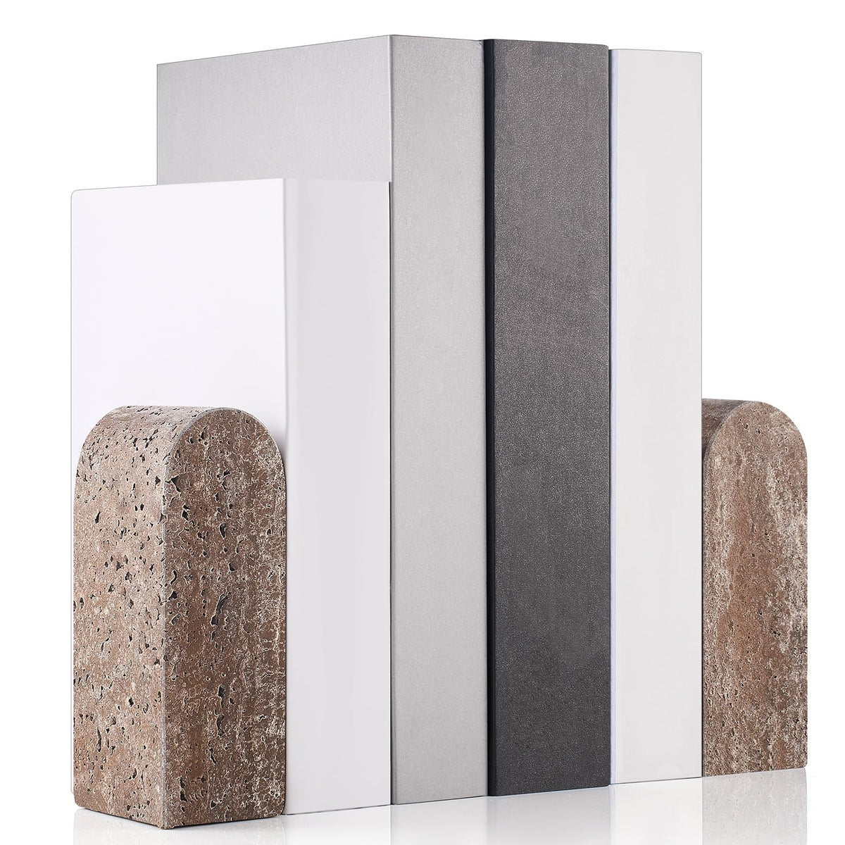 CroBlissful 2 Pcs Travertine Natural Marble Bookends for Shelves, Decorative Book Ends Solid Bookends Heavy Duty Book Holders, Bookshelf Decor for Home Study Bathroom Kitchen Cd Video Games (Grey)