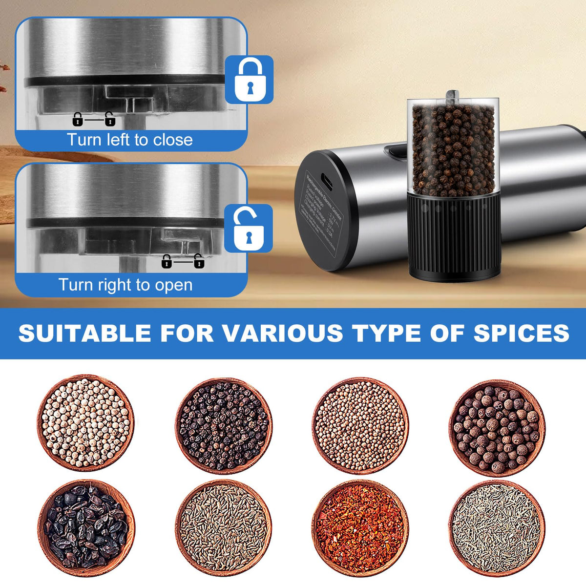 JXAVO 2 Pack Electric Salt and Pepper Grinder Set, Salt and Pepper Shakers with LED Light, USB C Dual Charging Base, Adjustable Coarseness, One-Hand Operation, Large Capacity for Kitchen, Dining & BBQ