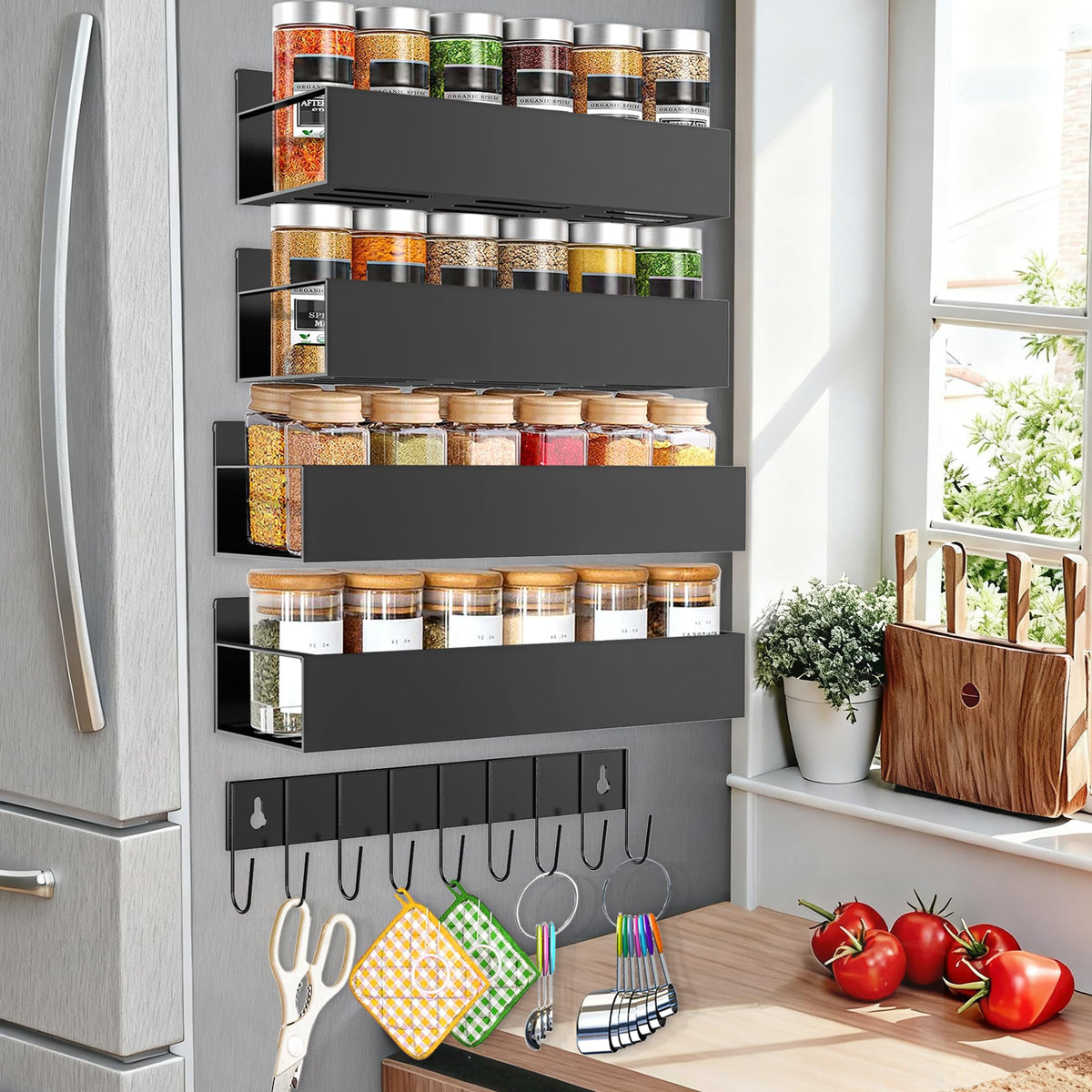SMRCAD Magnetic Spice Rack for Refrigerator Seasoning Organizer for Spice Fridge Shelf storage Magnetic Shelf with Hook for Oven (BLACK, 5pack)