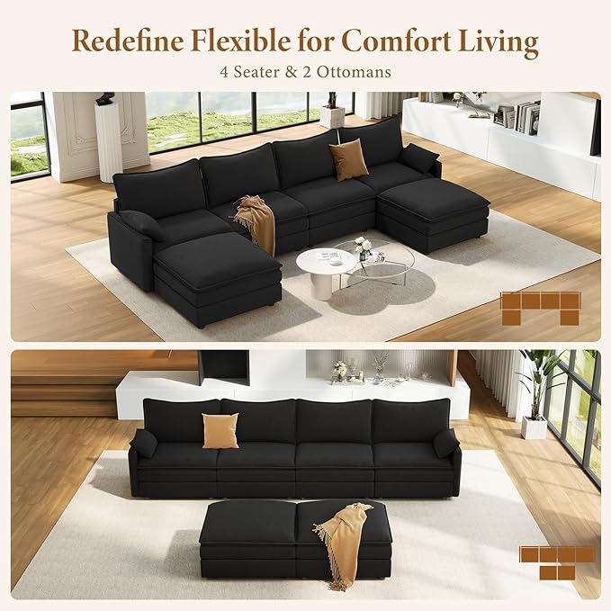 Vesgantti 142" U Shaped Sectional Couch, Comfy Cloud Modular Sectional Sofa