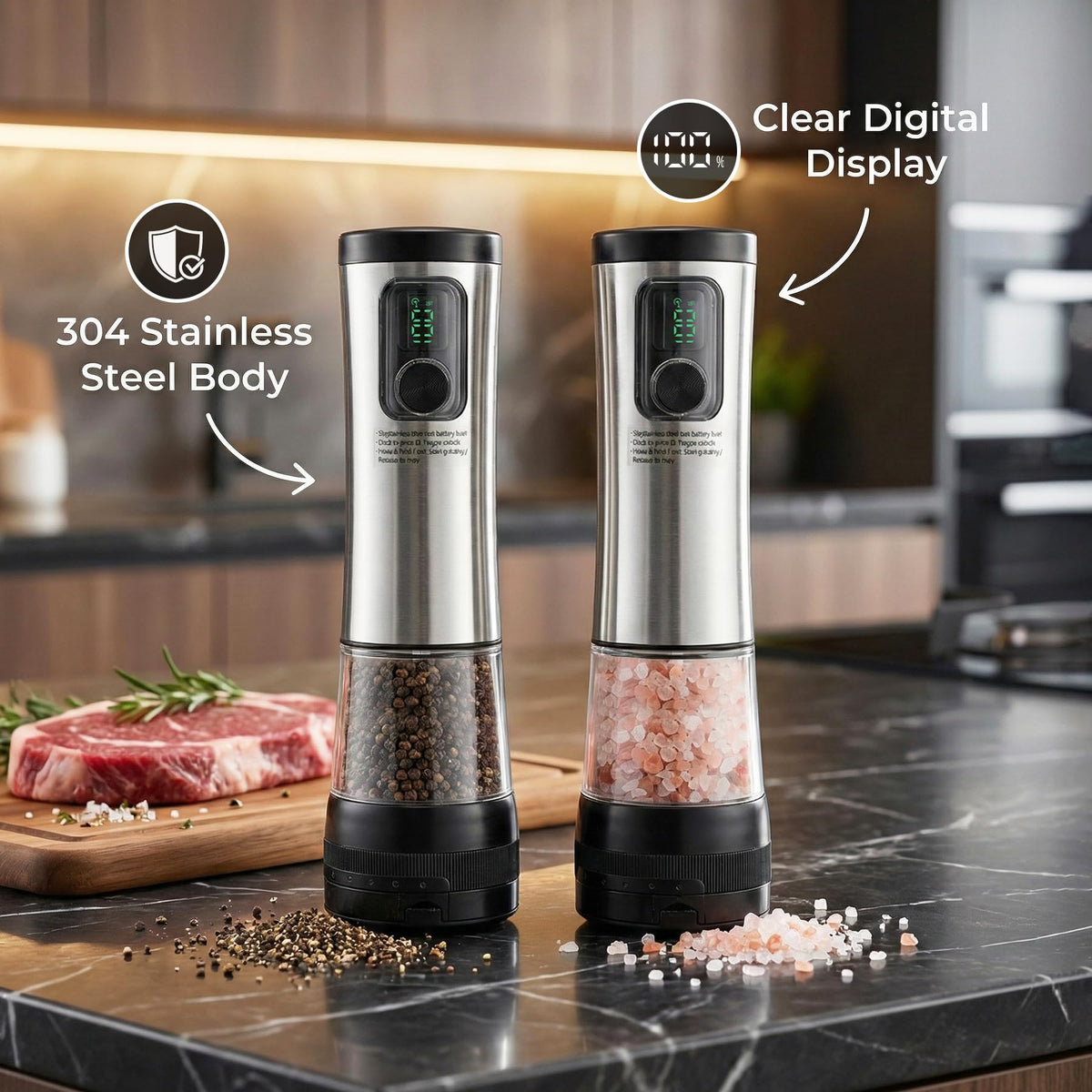 Electric Salt and Pepper Grinder Set with Rechargeable Base，Stainless Steel Automatic Refillable Electric Salt and Pepper Shakers，Large Capacity, 2-Speed Setting, LED & Adjustable Coarseness, Black