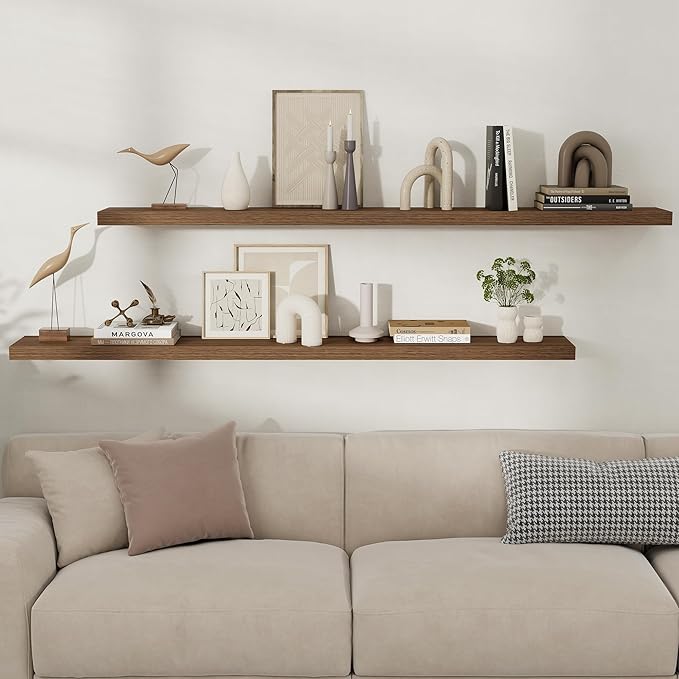 Fun Memories Floating Shelves for Wall, 66 Inch Long Set of 2 Rustic Wood Wall