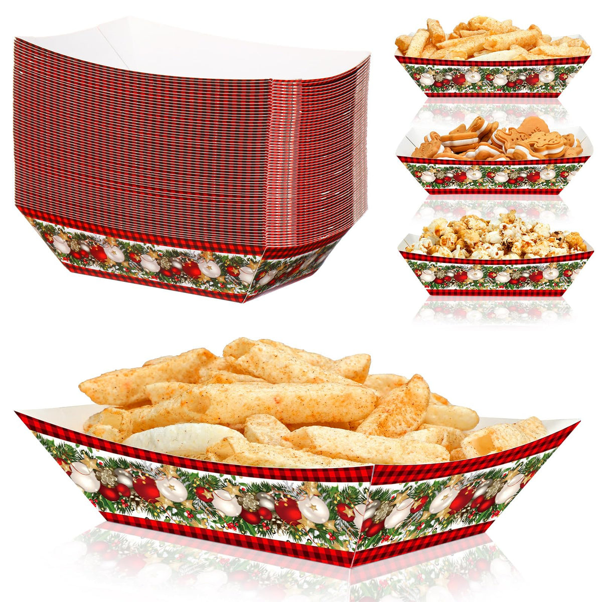 Ctosree Christmas Paper Food Trays Linen Red and Black Buffalo Check Seasonal Winter Xmas Holiday Farmhouse Style Snack Bowl for Party Decoration Supplies