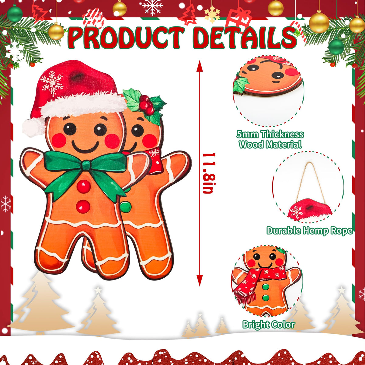 2Pcs Christmas Gingerbread Hanging Signs Gingerbread Men Women Front Door Decor Xmas Red Green Welcome Wreath Hanger for Holiday Porch Window Wall Home Decor