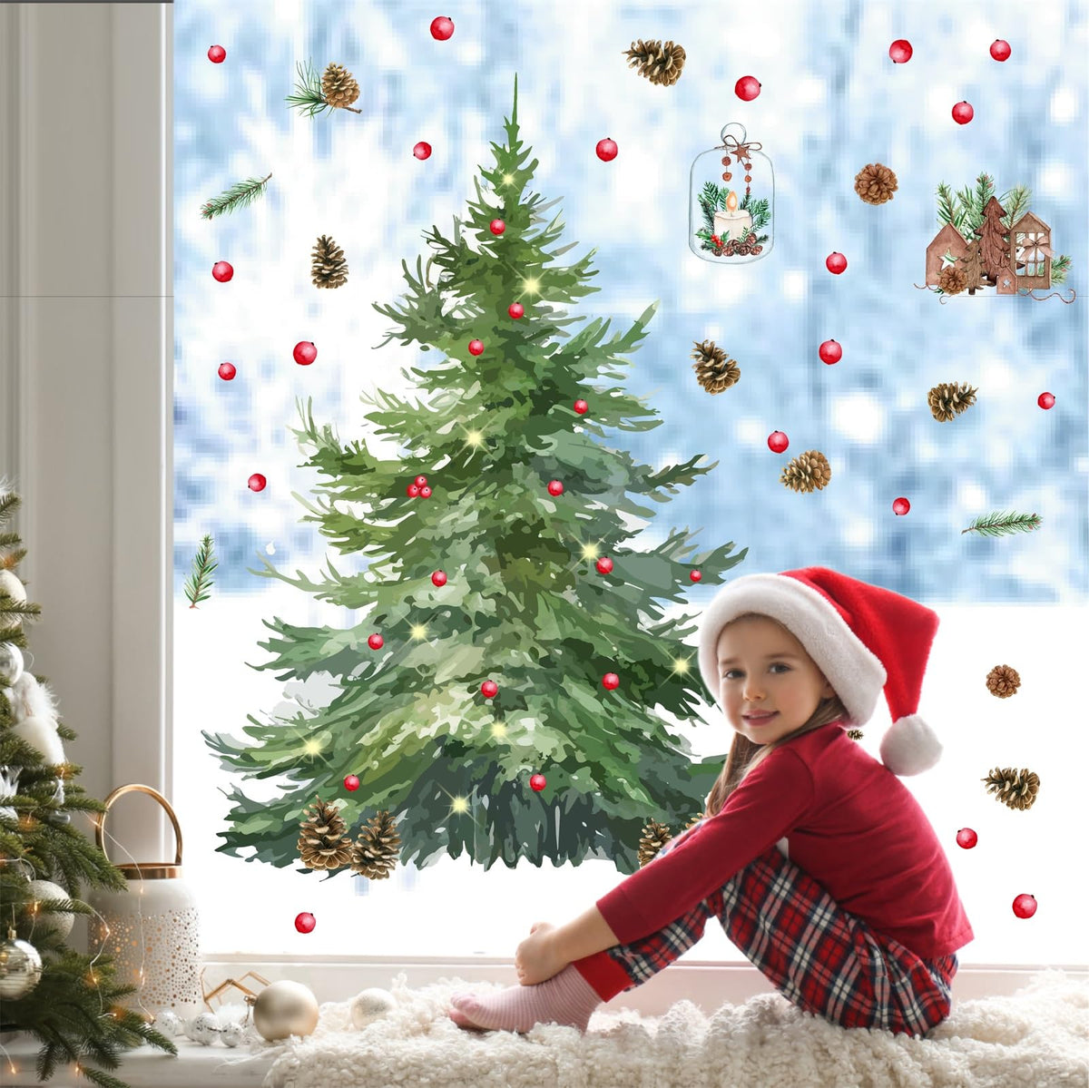 Large Pine Tree Wall Stickers Watercolor Christmas Tree Wall Decals Peel and Stick Removable Evergreen Trees Decal Winter Merry Christmas Art Murals for Living Room Kitchen Gift Xmas Party Supplies
