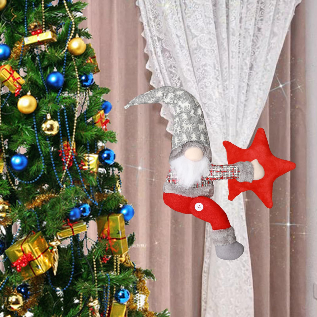 Christmas Tree Topper Gnome Decorations with Lights,21.7 Inches Handmade Embrace Christmas Tree Gnome with Lighted Star，Christmas Home Decor Curtain Tie Wine Bottle Decoration（Grey hat）