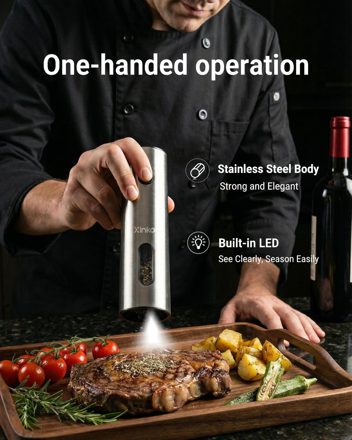 XINKOR Electric Salt and Pepper Grinder Set with USB-C Charging Base, Stainless Steel Automatic Rechargeable Salt and Pepper Grinder with LED Light & Large Capacity, 6 Adjustable Coarseness Settings