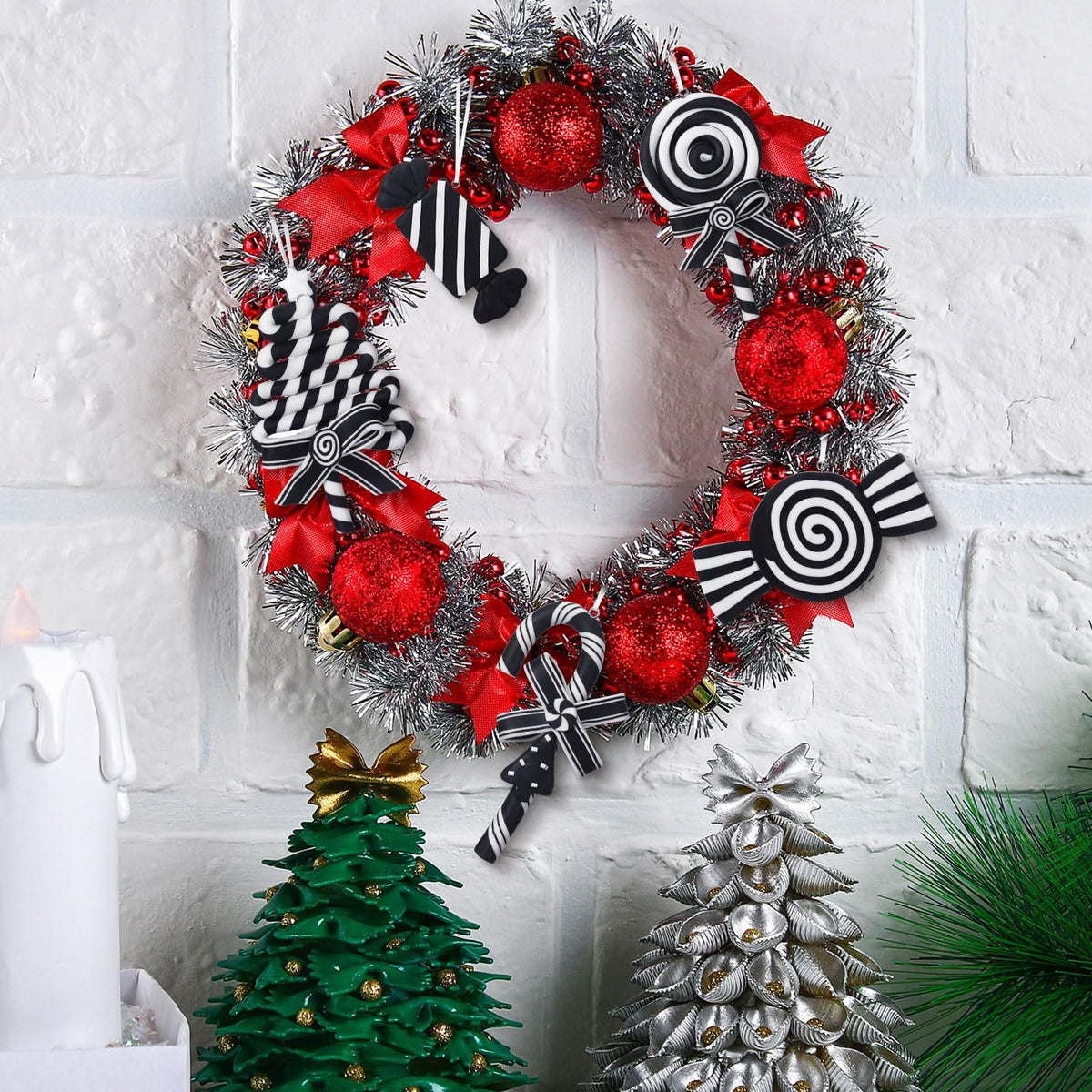 Blulu 6 Pcs Christmas Black and White Candy Cane Lollipop Hanging Ornaments Tree Picks Decorations Polymer Clay Peppermint Winter Holiday Xmas Party Supplies for Wreaths Christmas Trees Accessories