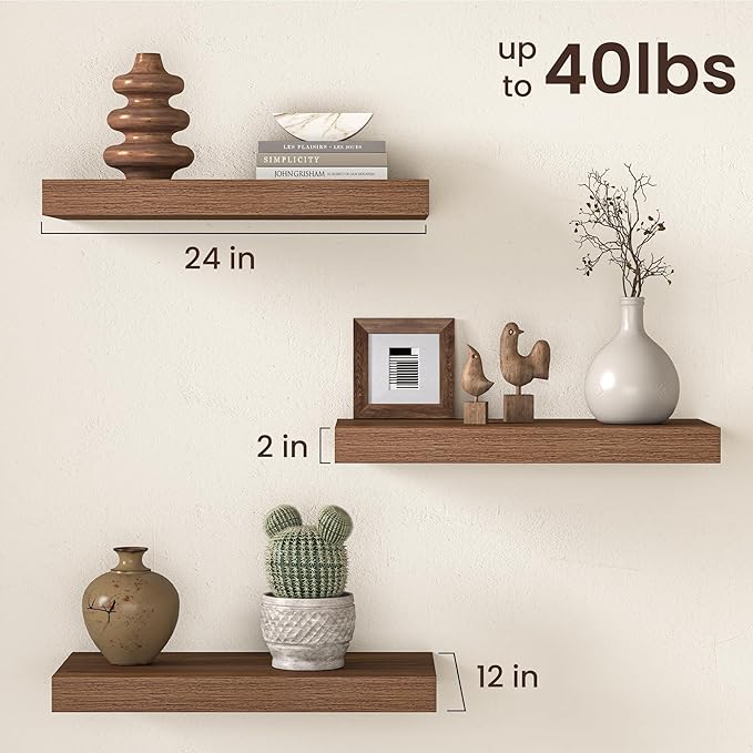 Fun Memories 12 Inch Deep Walnut Floating Shelf, 24 x 12 Rustic Wood Wall Shelf
