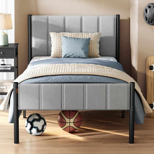 VASAGLE Twin Bed Frame with Upholstered Headboard, Metal Bed Frame Twin Size with Footboard, 550 lb Weight Capacity, Steel Slats, Easy Assembly, No Box Spring Needed, Dove Gray URMB983G01V1