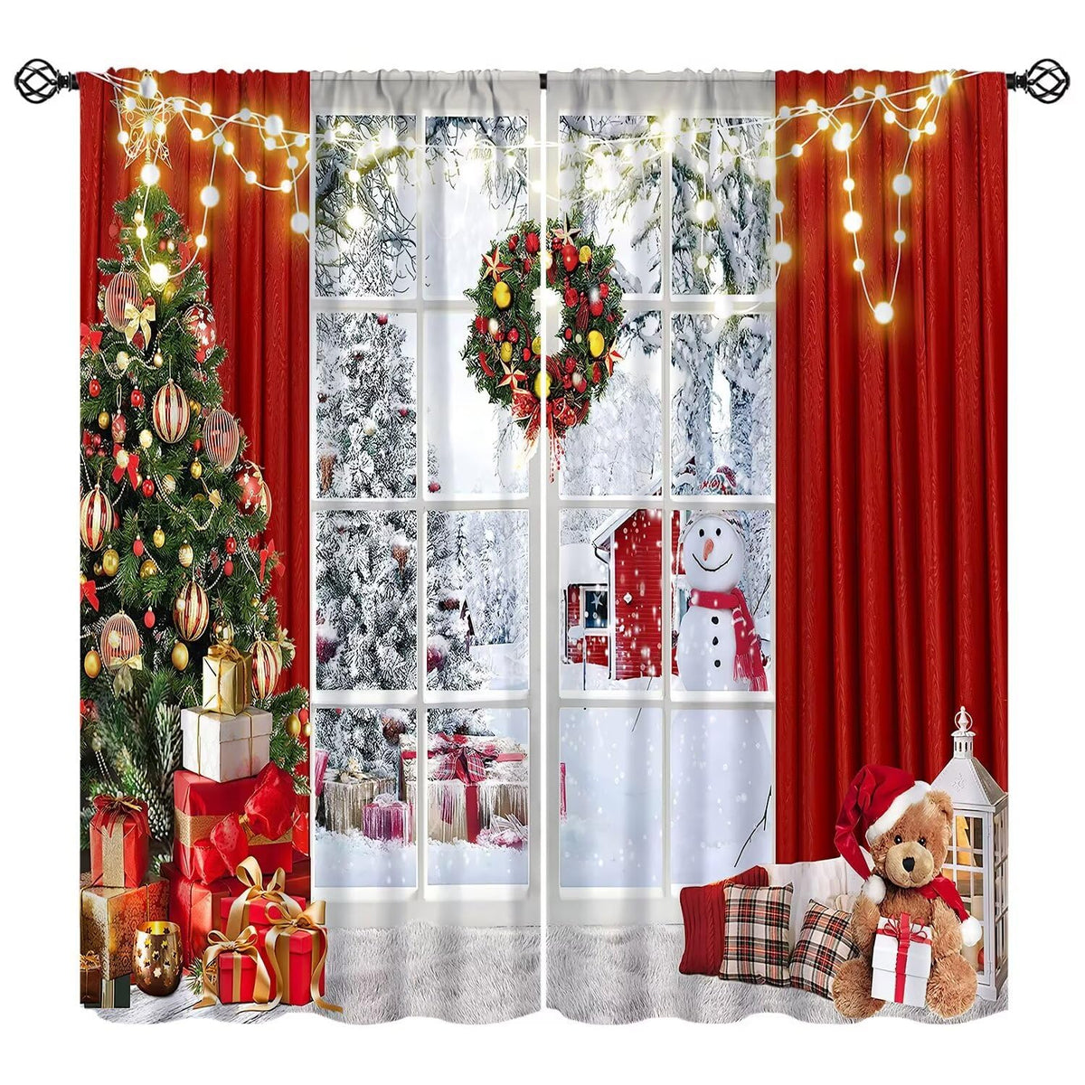 FengMingRui Merry Christmas Curtains Winter Festival Snowman Christmas Tree New Year Christmas Window Treatment Bedroom Living Room Decoration Blackout Decor Window Drapes 52" W X 84" L