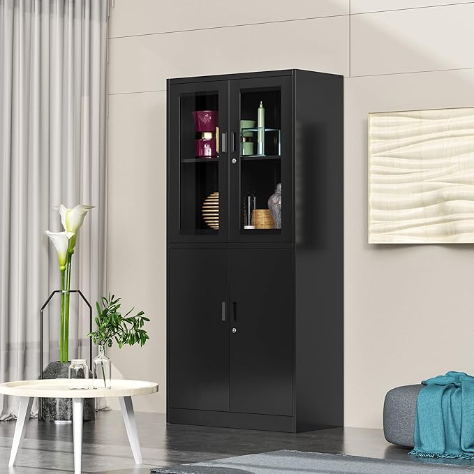 71”H Display Cabinet with Adjustable Shelves, 4 Door Display Cabinets with