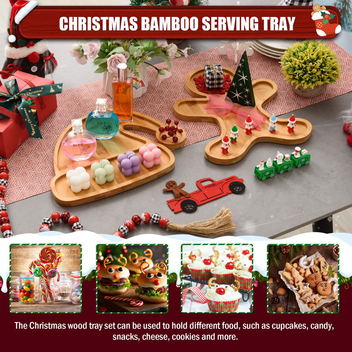 AWIZOM 2 Pcs Christmas Serving Platters Santa Hat and Gingerbread Man Shaped Wood Trays Winter Bamboo Charcuterie Boards Decorative Wood Snack Dish Plates for Xmas Holiday Housewarming Presents