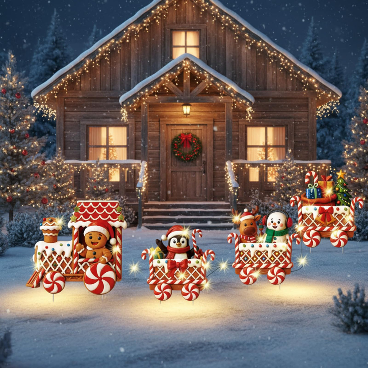Marsui 4 Pcs Christmas Train Decoration Yard Sign with 4 LED Light Lawn Sign Christmas Red Gingerbread Penguin Snowman Train Set with 8 Stake for Xmas Garden Outdoor Holiday Party Decor