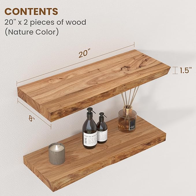Floating Shelves for Wall Decor, Rustic Solid Elm Wood Live Edge Floating