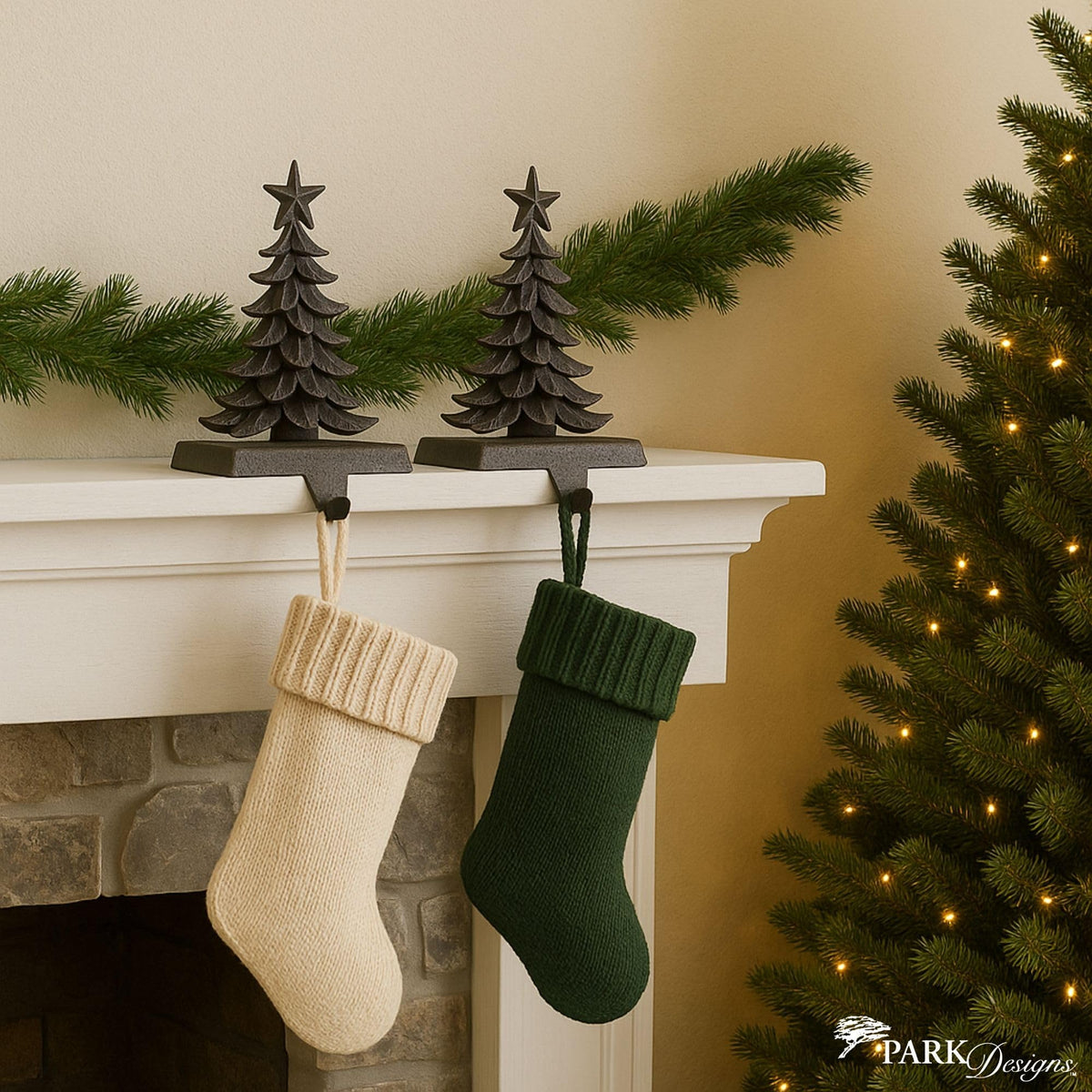 Park Designs Christmas Tree Stocking Hanger Set of 2 | 6" x 0.5" x 6" Cast Metal Mantel Hooks | Iron Finish Holiday Stocking Holders | Rustic Fireplace Décor for Farmhouse or Lodge Christmas Displays