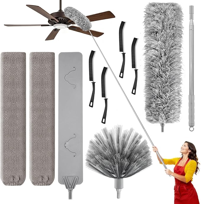 100-inch Duster with Extension Pole, 9-in-1 Cobweb Duster Kit Includes Spider