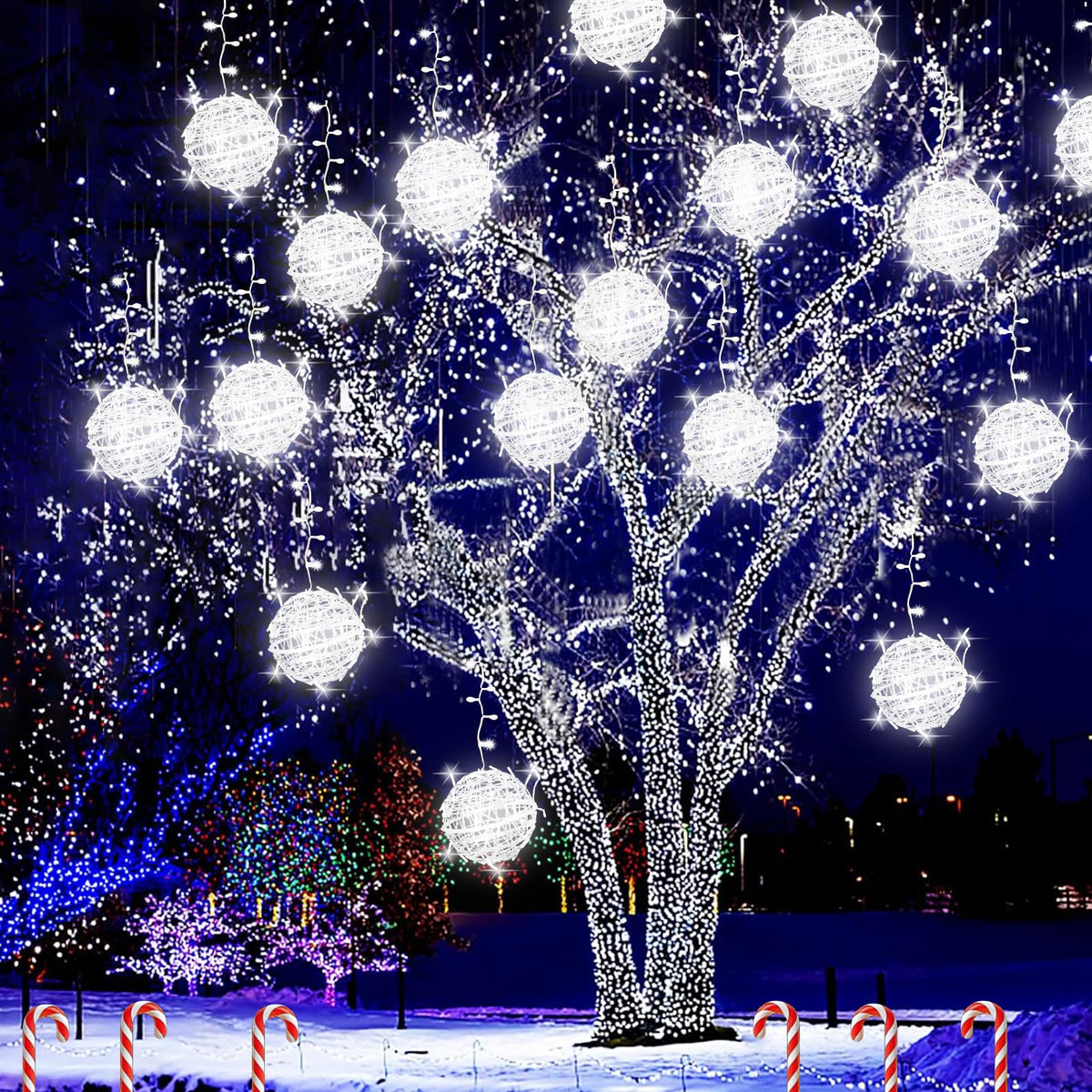 Outdoor Christmas Balls Lights Tree Lights Waterproof, 4 Pack 7.87" LED Hanging Globe Sphere Lights with 8 Lighting Modes Memory Timer Plug for Party Wedding Xmas Porch Patio Garden Yard Decorations