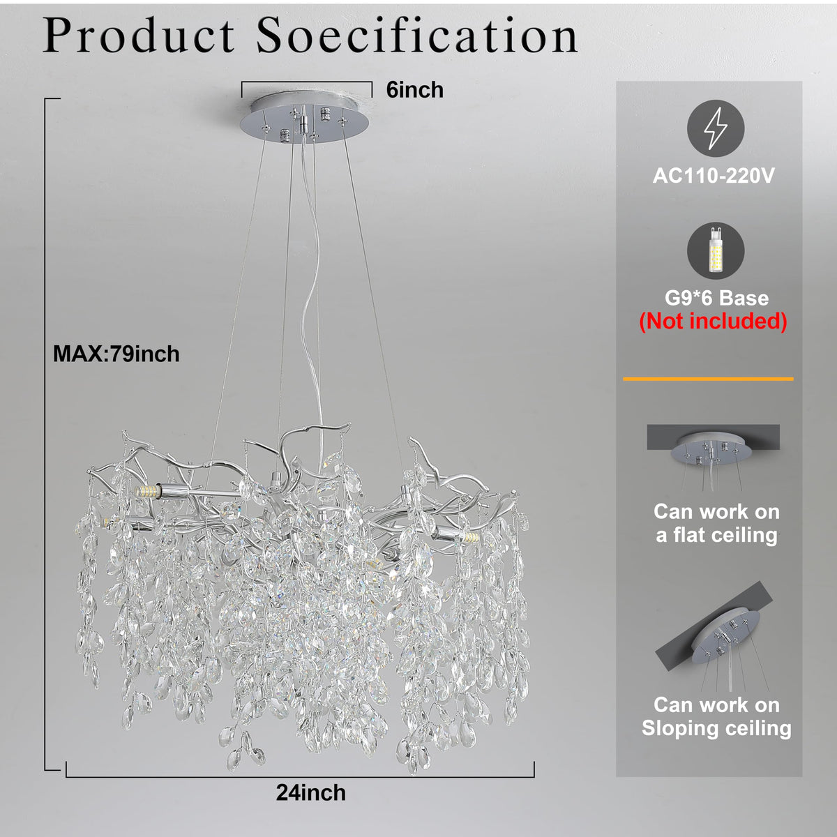 KVTOEP 24 Inch Silver Tree Branch Crystal Chandelier, 6-Light G9 Base K9 Crystal Pendant Light, Adjustable Fixture for Dining Room, Living Room & Staircase