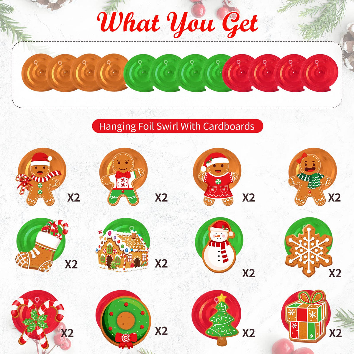 52 Pcs Christmas Gingerbread Man Party Hanging Swirl Decorations, Merry Gingerbread Man Snowflake Christmas Tree Ceiling Hanging Streamers Swirl for Xmas Winter New Year Holiday Party Supplies
