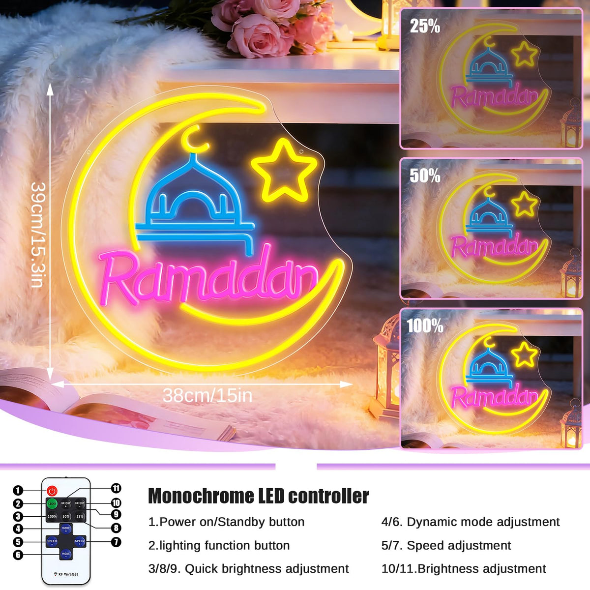 RumonZS Ramadan Kareem Neon Sign 15 in Eid Mubarak Neon Lights for Wall Decor Muslim Islamic Led Light Sign for Ramadan Mubarak Ramadan Kareem Sign Islamic Muslim Home Bedroom Party Decor Gift