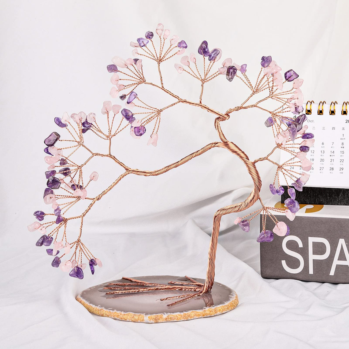 mookaitedecor Natural Amethyst & Rose Quartz Crystal Tree with Agate Slice Base, Feng Shui Money Tree Bonsai Sculpture for Home Office Altar Table Decoration 7-8 Inch