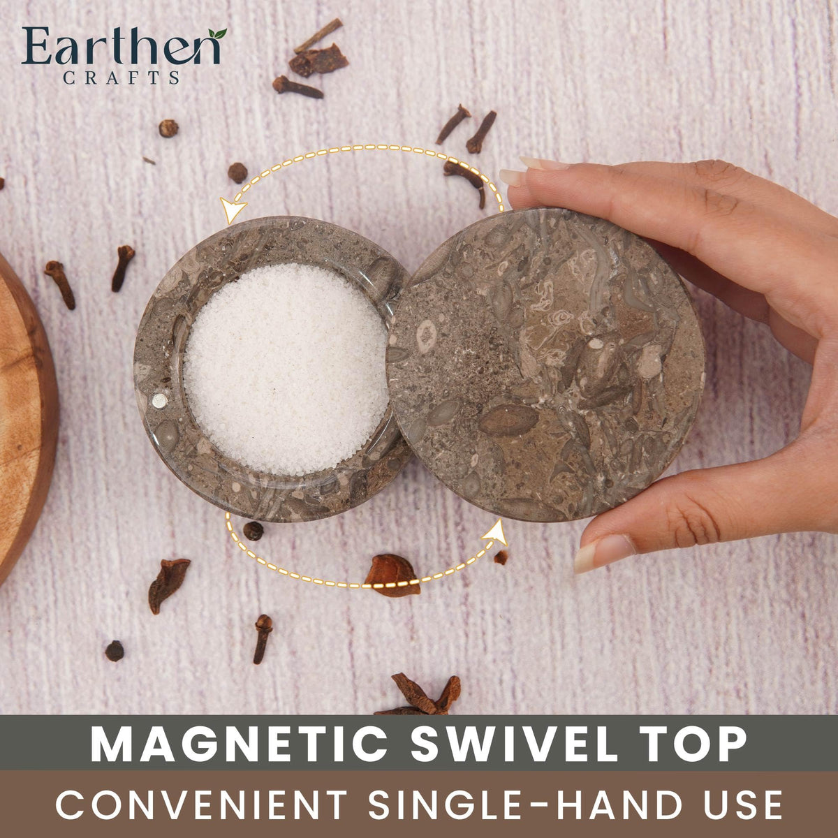 EARTHEN CRAFTS Marble Salt Cellar with Swivel Lid 3 Inch Salt Box Oceanic Mini Salt and Spice Jar Storage Magnetic Lock Container, Salt Crock for Sea Salt, Flaky Salt, and Sugar