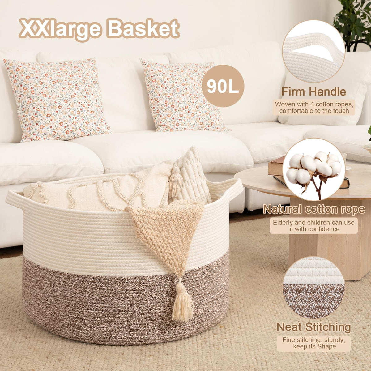 OIAHOMY 90L XXXLarge Blanket Basket for Living Room, 21.7" x 13.8" Woven Cotton Rope Laundry Basket for Organizing Pillows, Decorative Stuffed Animal Toy Storage for Nursery, White and Linen Brown