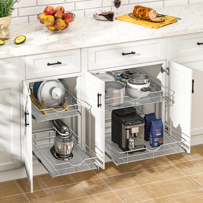 WelFurGeer 2-Tier Kitchen Cabinet Pullout Shelf and Drawer Organizer, Soft Close Pantry Pull Out Shelves, Heavy Duty Pull Out Cabinet Organizer with Shelf Liner for Kitchen Cabinets, Pantry Storage