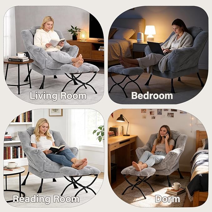 MBOOYOME Lazy Chair with Folding Ottoman, Modern Accent Armchair with Armrests